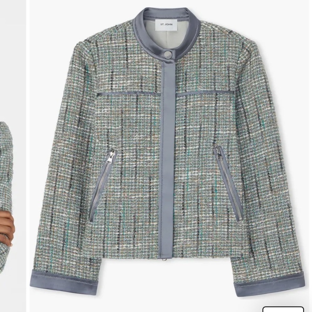 St. John Metallic Tweed Jacket Lurex Moto Zip Size 8 Grey Slate Multi